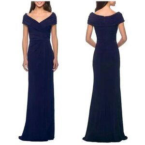 LA FEMME Ruched Jersey Column Gown in Navy Size US 4